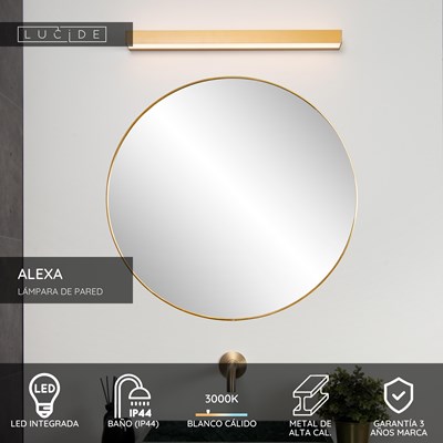 Lucide ALEXA - Lámpara de pared Baño - LED - 1x8W 3000K - IP44 - Oro mate / Latón
